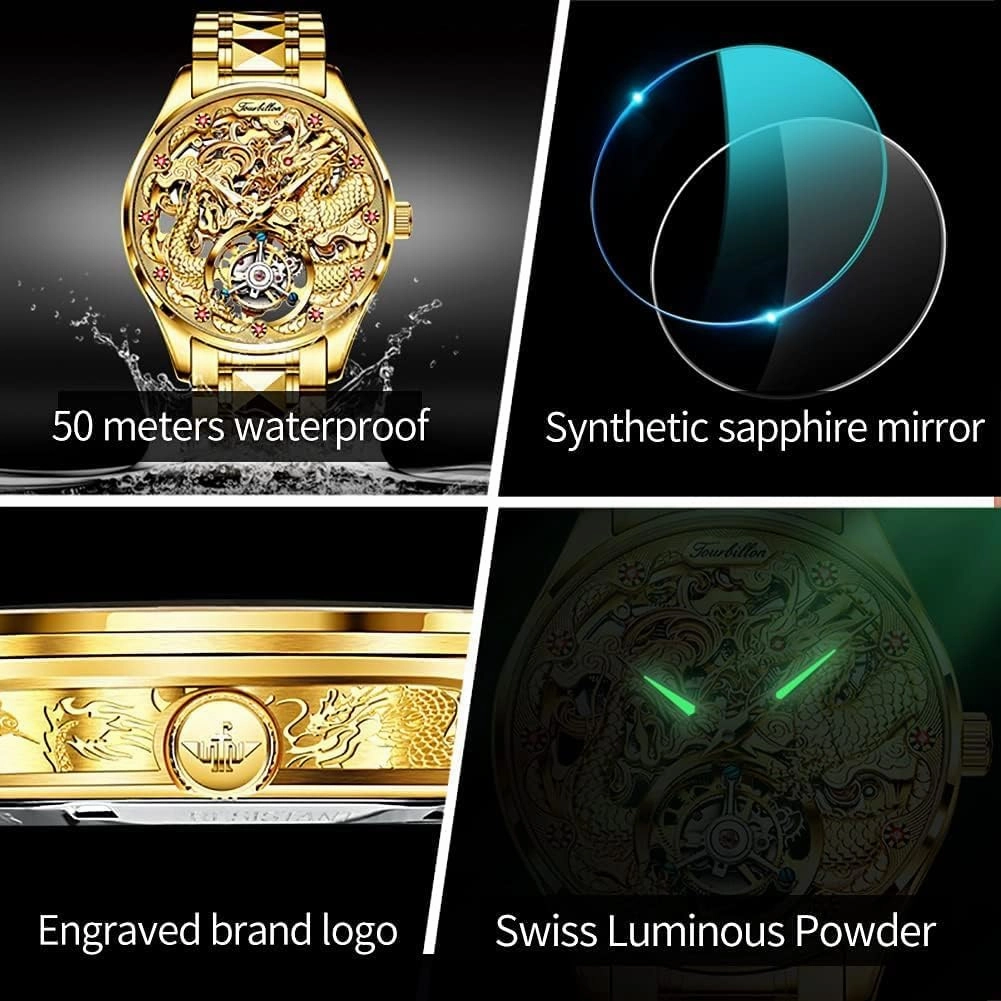 OUPINKE Men's Watch Automatic Designer Big Face Luxury Mechanical Skeleton Dress Business Wrist Watches Two Tone Tungsten Steel Waterproof Sapphire Calendar