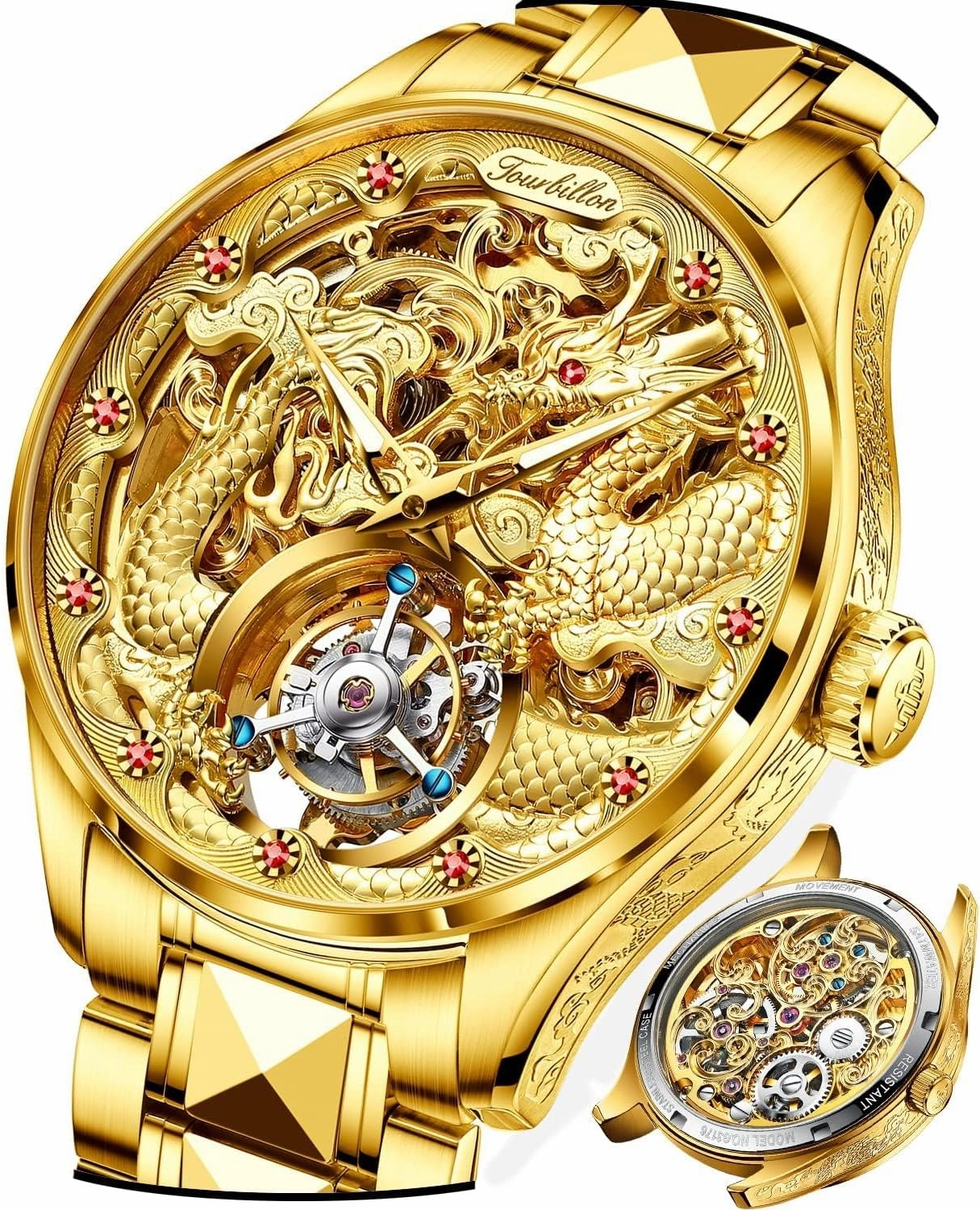 OUPINKE Men's Watch Automatic Designer Big Face Luxury Mechanical Skeleton Dress Business Wrist Watches Two Tone Tungsten Steel Waterproof Sapphire Calendar