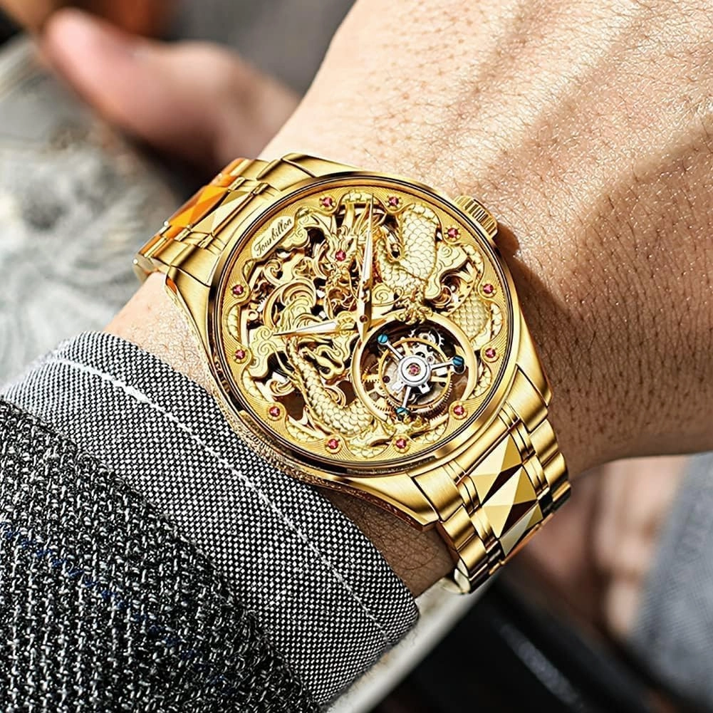 OUPINKE Men's Watch Automatic Designer Big Face Luxury Mechanical Skeleton Dress Business Wrist Watches Two Tone Tungsten Steel Waterproof Sapphire Calendar