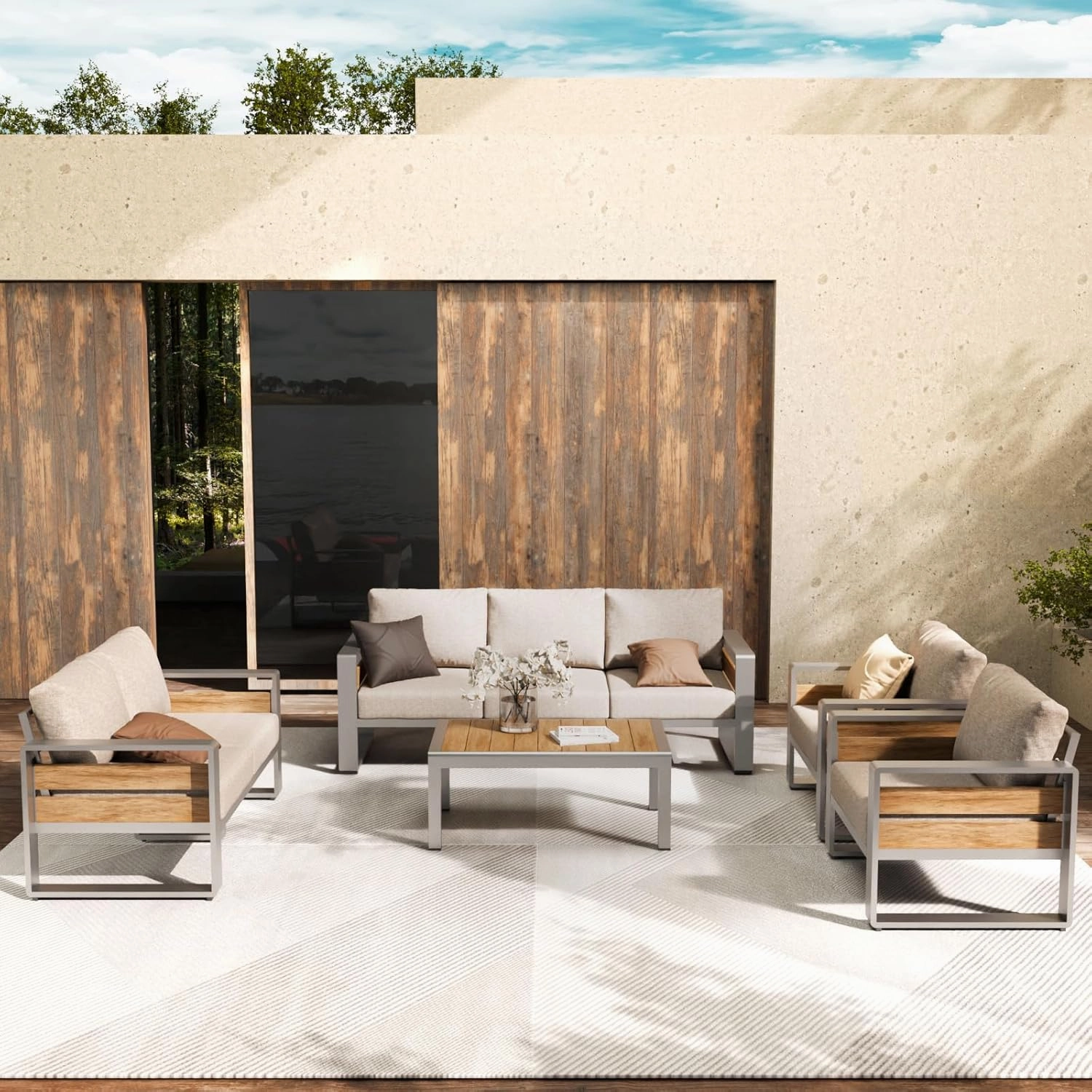 Outdoor Patio Conversation Sets, 4-Piece Aluminum Metal Outside Sectional Lawn Furniture with Coffee Table & Washable Thick Cushions,Seating Sofa for Garden/Backyard/Porch, Silver
