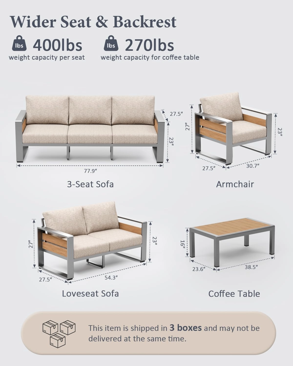 Outdoor Patio Conversation Sets, 4-Piece Aluminum Metal Outside Sectional Lawn Furniture with Coffee Table & Washable Thick Cushions,Seating Sofa for Garden/Backyard/Porch, Silver