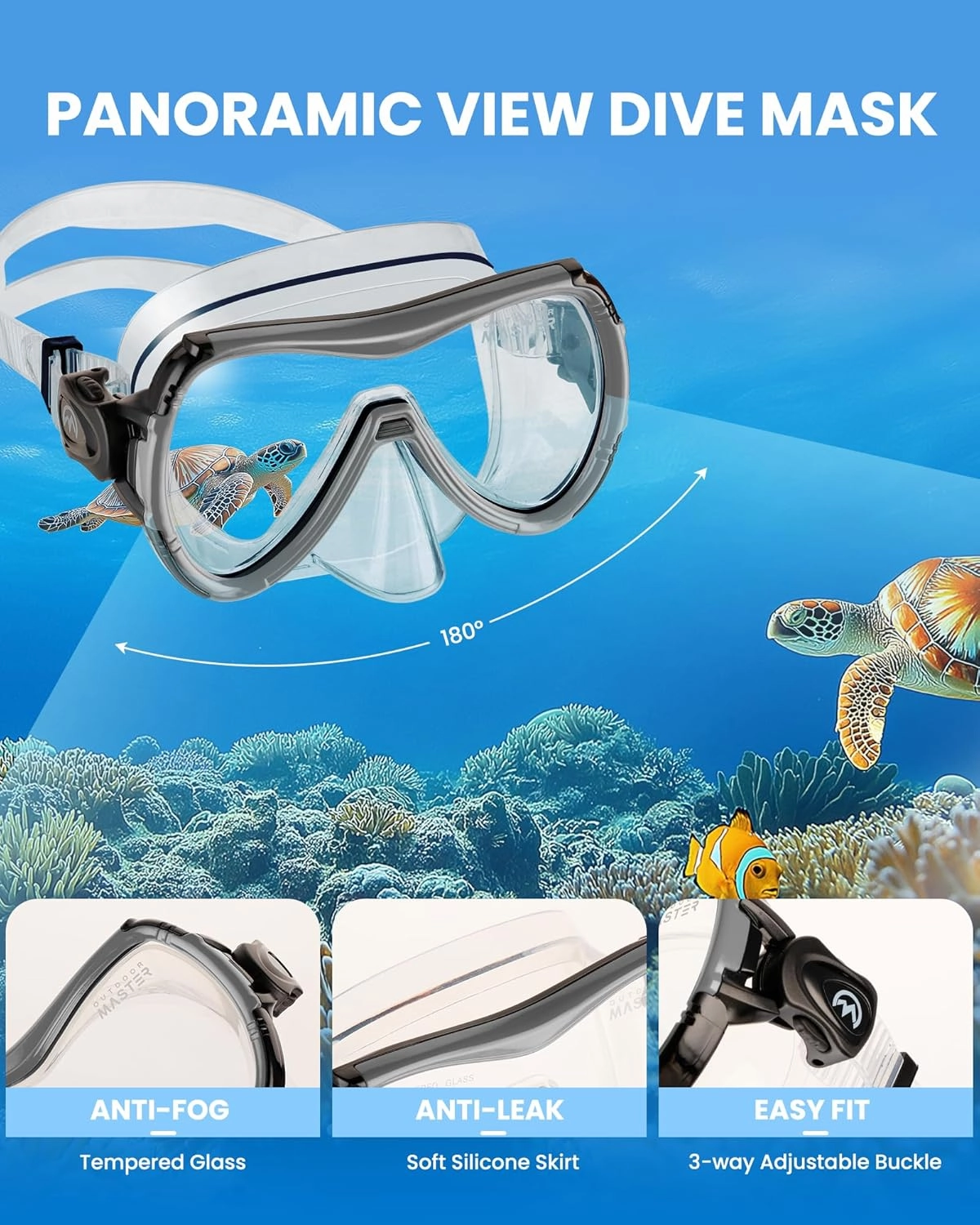 OutdoorMaster Mobula Snorkeling Gear for Adults, Diving Mask and Snorkel Set with Tempered Glass Anti-Fog, TOP Dry Snorkel for Diving Snorkeling Swimming