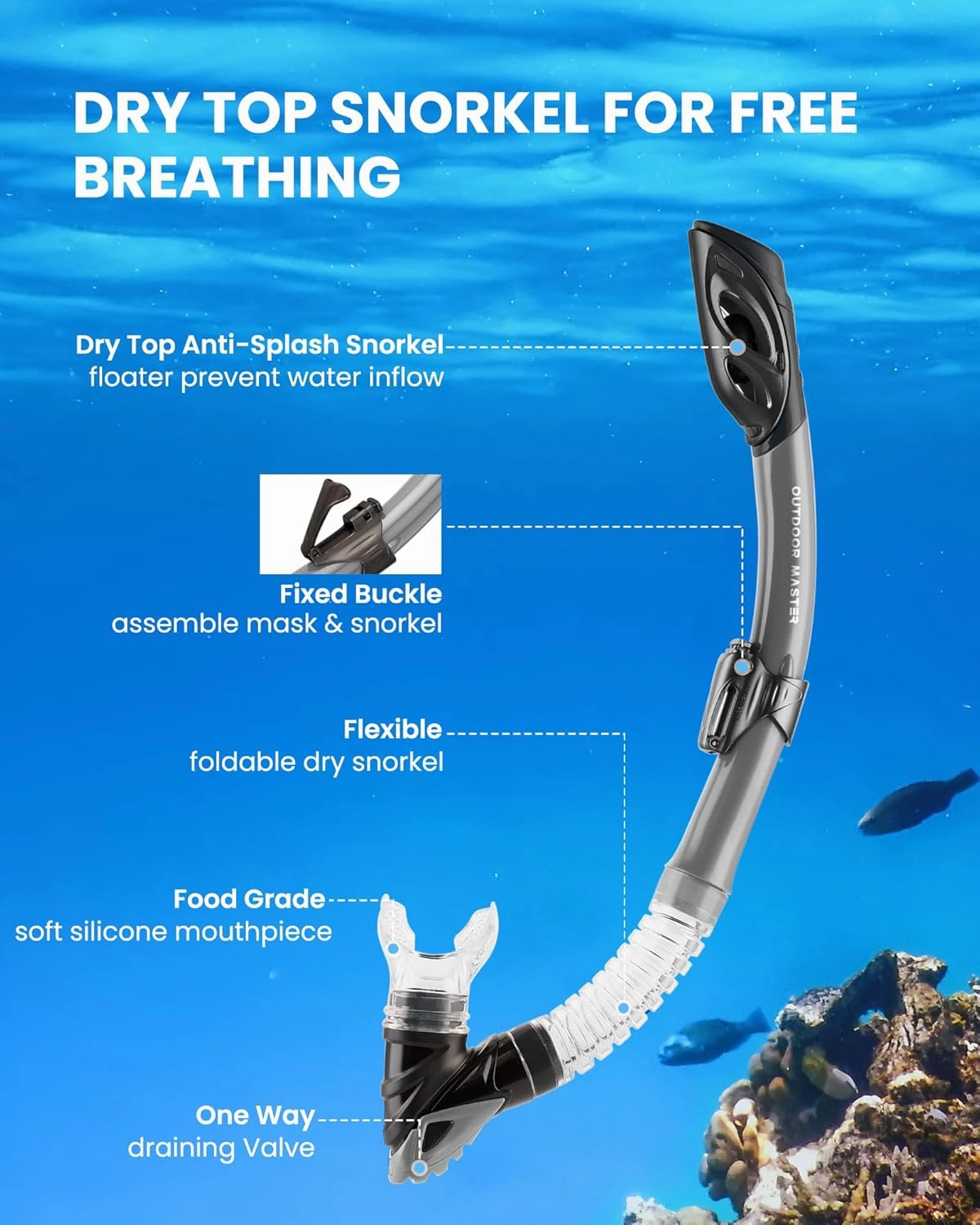 OutdoorMaster Mobula Snorkeling Gear for Adults, Diving Mask and Snorkel Set with Tempered Glass Anti-Fog, TOP Dry Snorkel for Diving Snorkeling Swimming