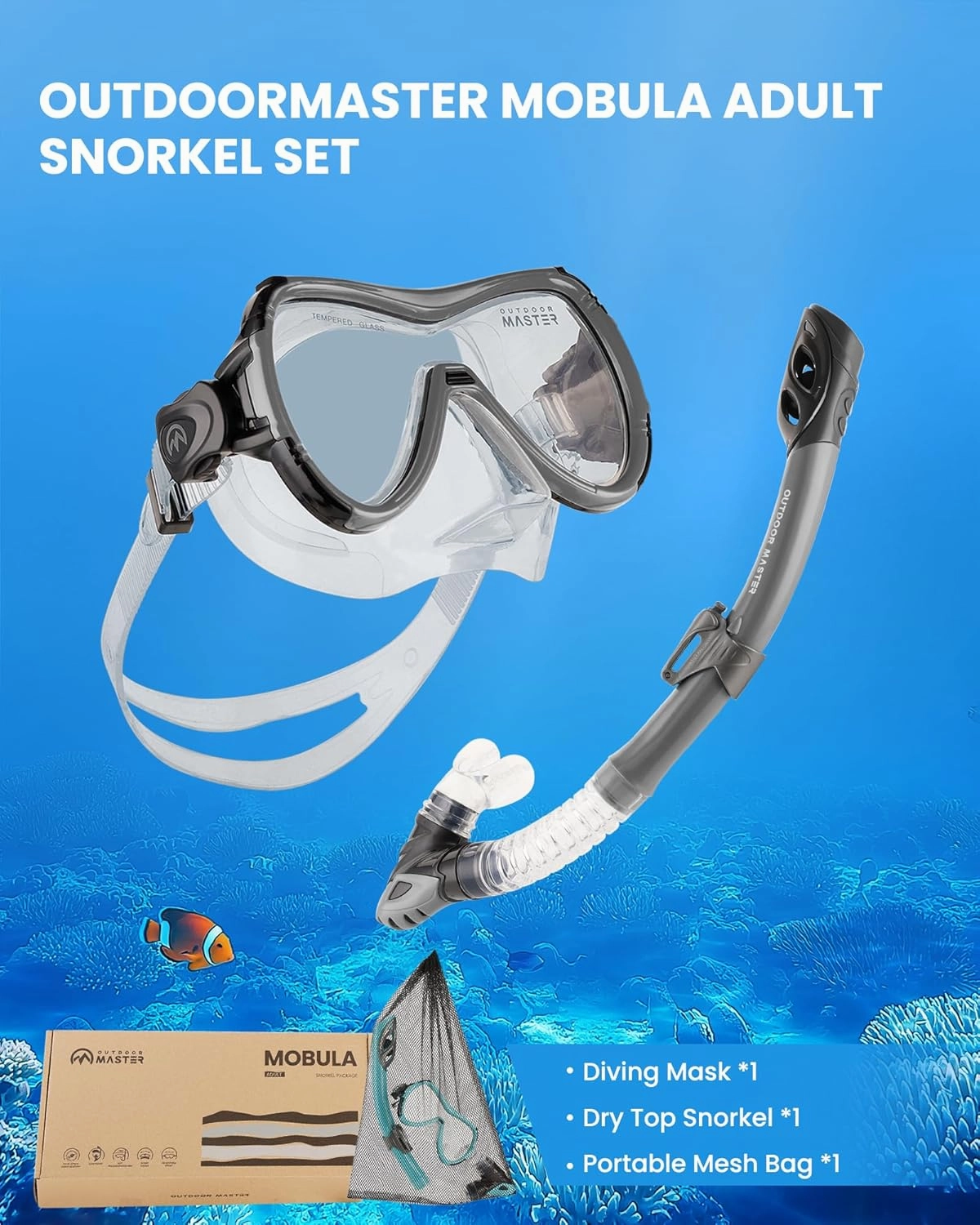 OutdoorMaster Mobula Snorkeling Gear for Adults, Diving Mask and Snorkel Set with Tempered Glass Anti-Fog, TOP Dry Snorkel for Diving Snorkeling Swimming