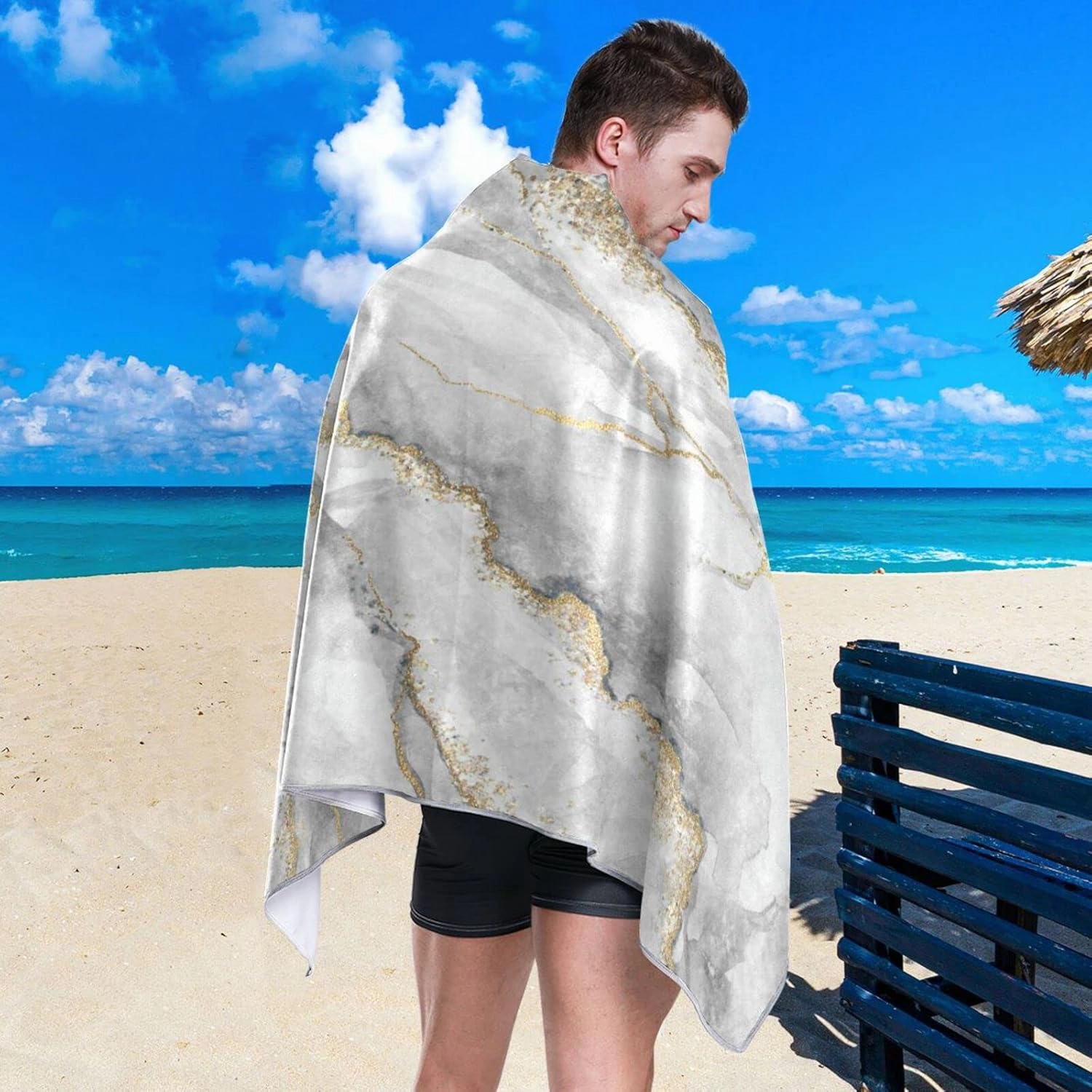 Oyihfvs White Grey Marble with Gold Veins Powder Agate Ripples Quick Drying Beach Towel, Foldable Yoga Towel, Soft Sport Towel, Sweat Absorbent Towel with Storage Mesh Bag 30 x 60 inch (S)