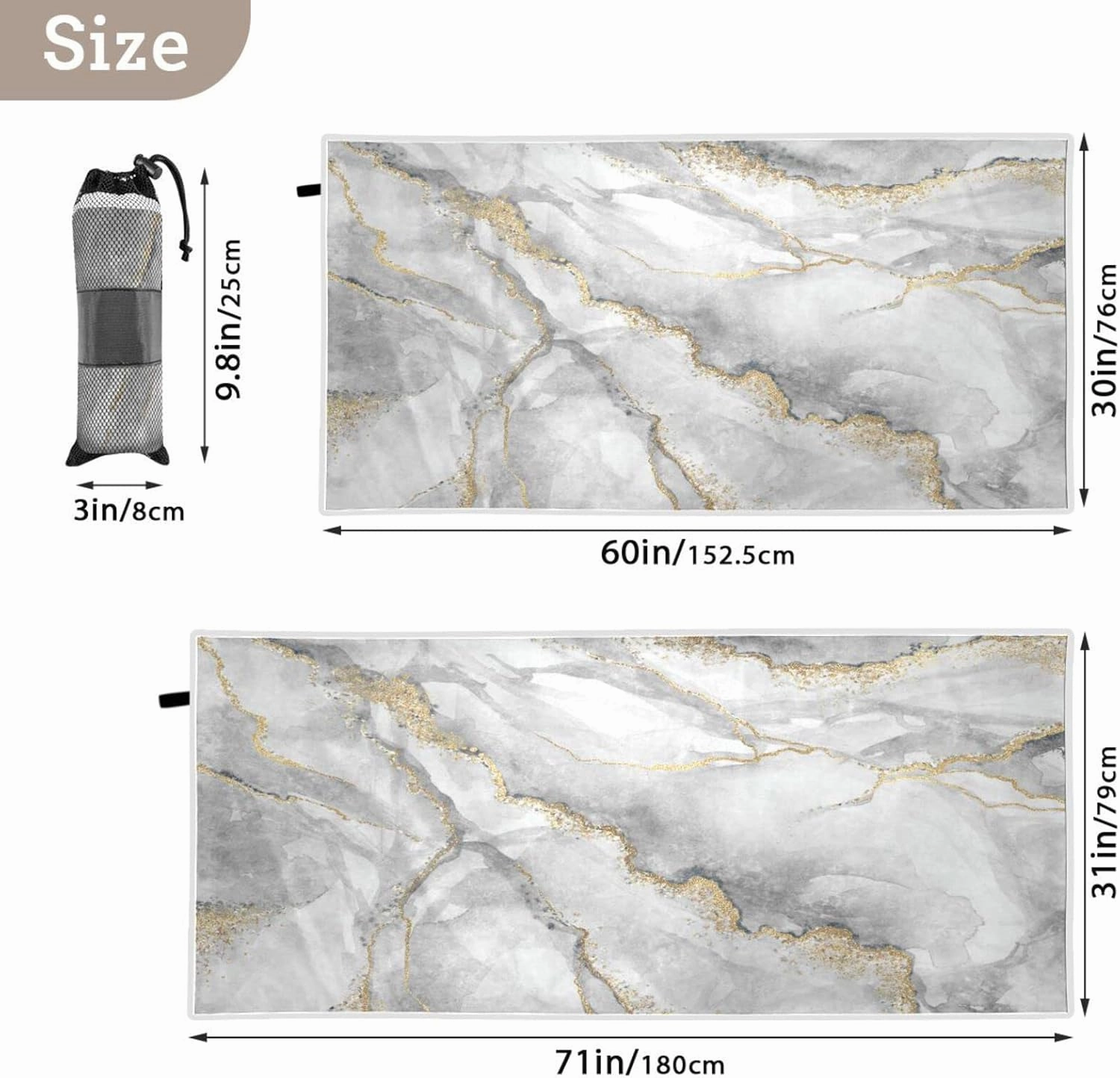 Oyihfvs White Grey Marble with Gold Veins Powder Agate Ripples Quick Drying Beach Towel, Foldable Yoga Towel, Soft Sport Towel, Sweat Absorbent Towel with Storage Mesh Bag 30 x 60 inch (S)