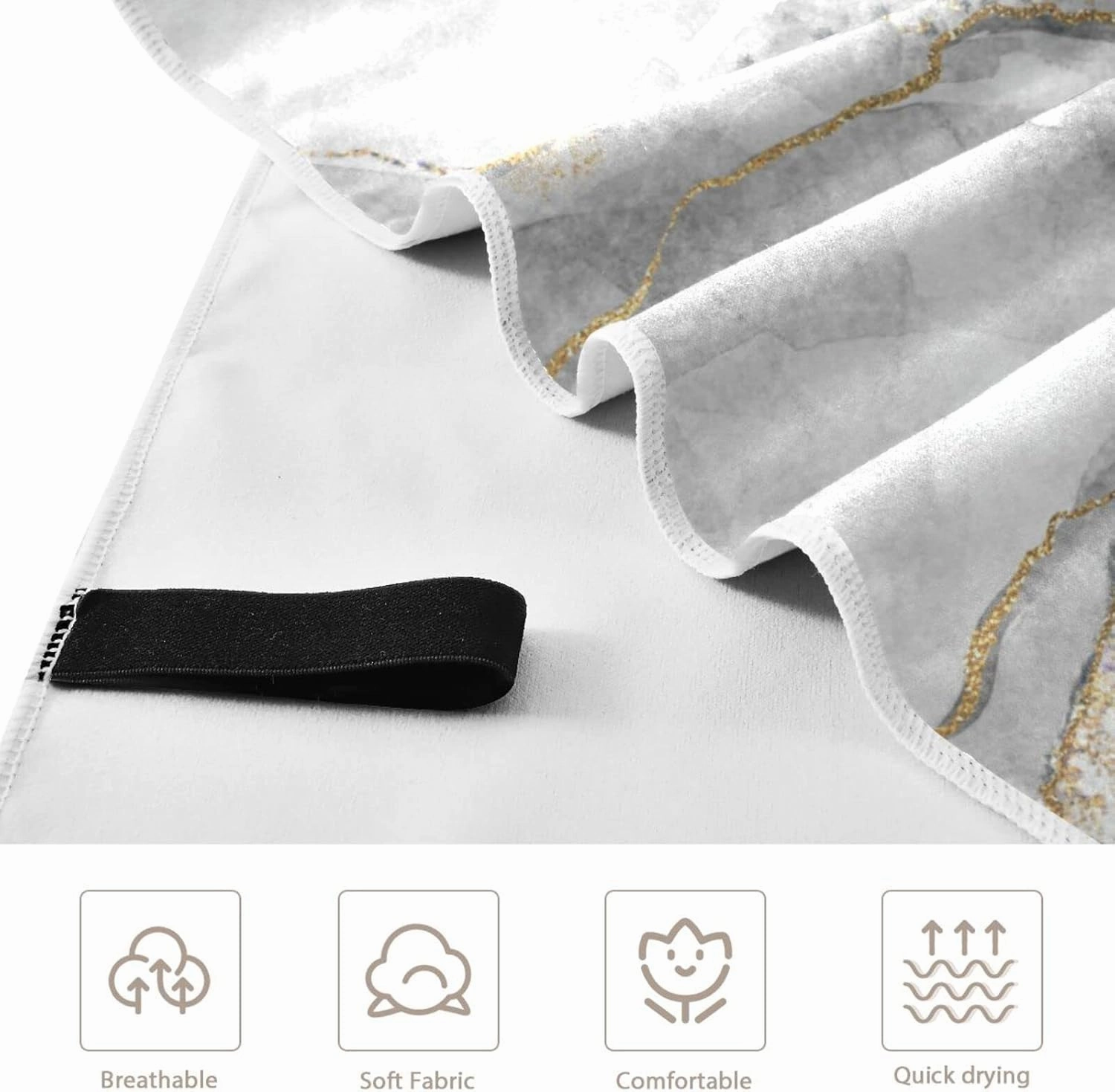 Oyihfvs White Grey Marble with Gold Veins Powder Agate Ripples Quick Drying Beach Towel, Foldable Yoga Towel, Soft Sport Towel, Sweat Absorbent Towel with Storage Mesh Bag 30 x 60 inch (S)
