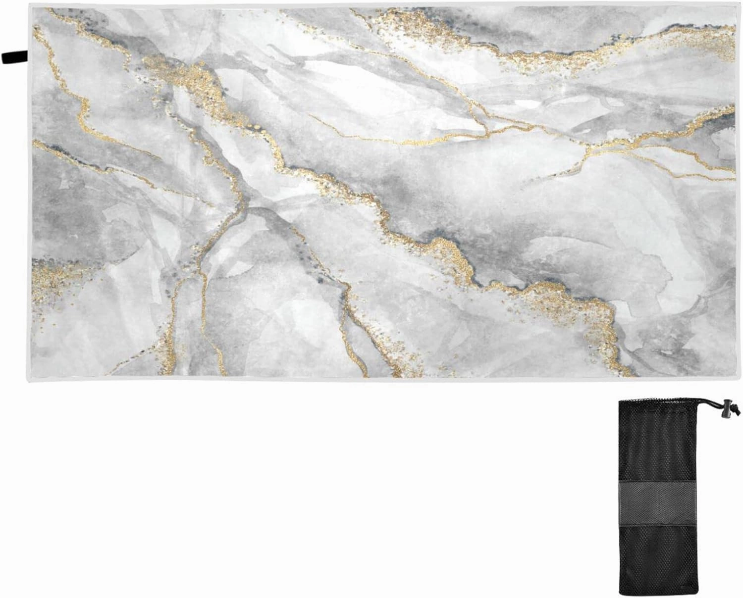 Oyihfvs White Grey Marble with Gold Veins Powder Agate Ripples Quick Drying Beach Towel, Foldable Yoga Towel, Soft Sport Towel, Sweat Absorbent Towel with Storage Mesh Bag 30 x 60 inch (S)