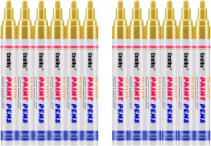 Paint Markers, 12 Pack Oil-Based Waterproof Quick Dry Permanent Paint Pen Set for Rocks Painting, Wood, Fabric, Plastic, Canvas, Glass, Mugs, Metal, Tire, Stone, DIY Craft (Gold)