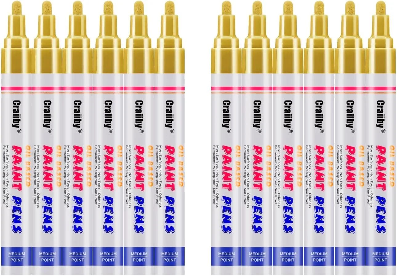 Paint Markers, 12 Pack Oil-Based Waterproof Quick Dry Permanent Paint Pen Set for Rocks Painting, Wood, Fabric, Plastic, Canvas, Glass, Mugs, Metal, Tire, Stone, DIY Craft (Gold)