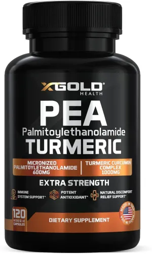 Palmitoylethanolamide 600mg   Turmeric Curcumin Complex 1000mg: Micronized Pea 99% Highly Purified and Bioavailable - Made in USA - Supplement for Men and Women - 120 Veggie Capsules