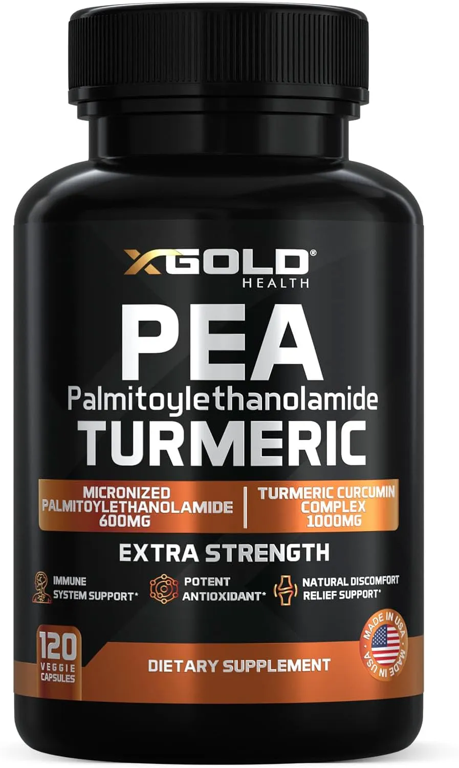 Palmitoylethanolamide 600mg   Turmeric Curcumin Complex 1000mg: Micronized Pea 99% Highly Purified and Bioavailable - Made in USA - Supplement for Men and Women - 120 Veggie Capsules