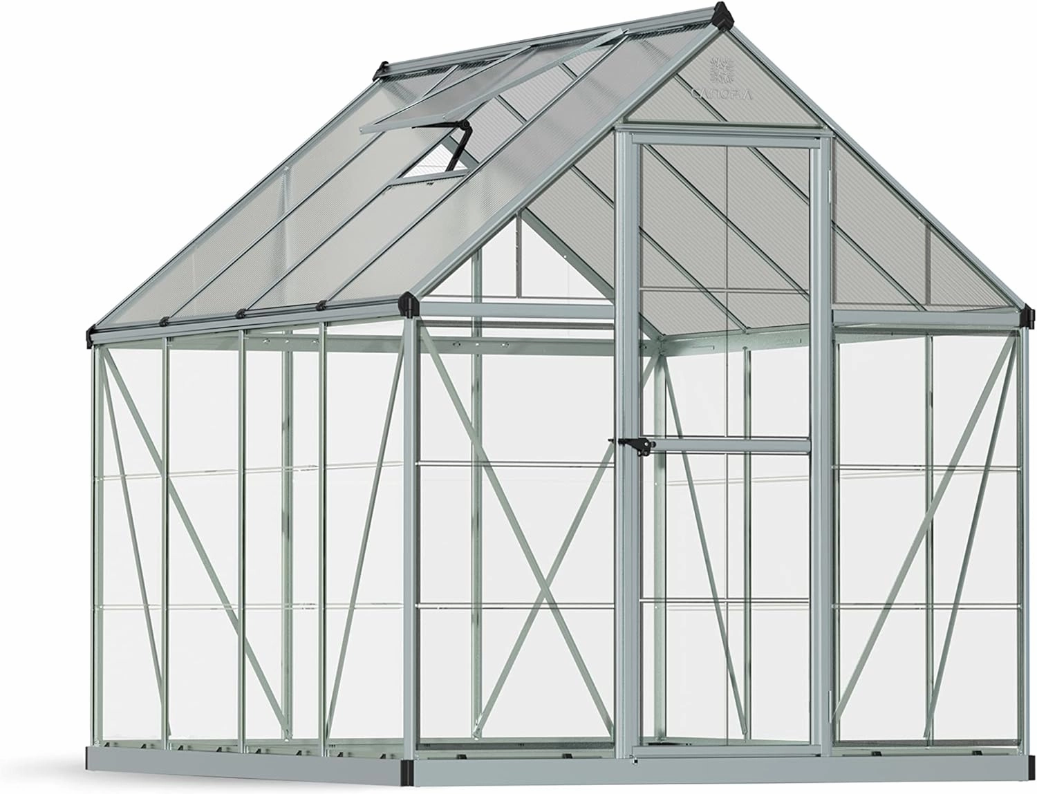Palram - Canopia 6x8 Greenhouse for Outdoors, Walk-In, UV Polycarbonate Panels, Heavy Duty Aluminum Frame, Lockable Door, Adjustable Roof Vent, Rain Gutters, Galvanized Steel Base, Hybrid (Silver)