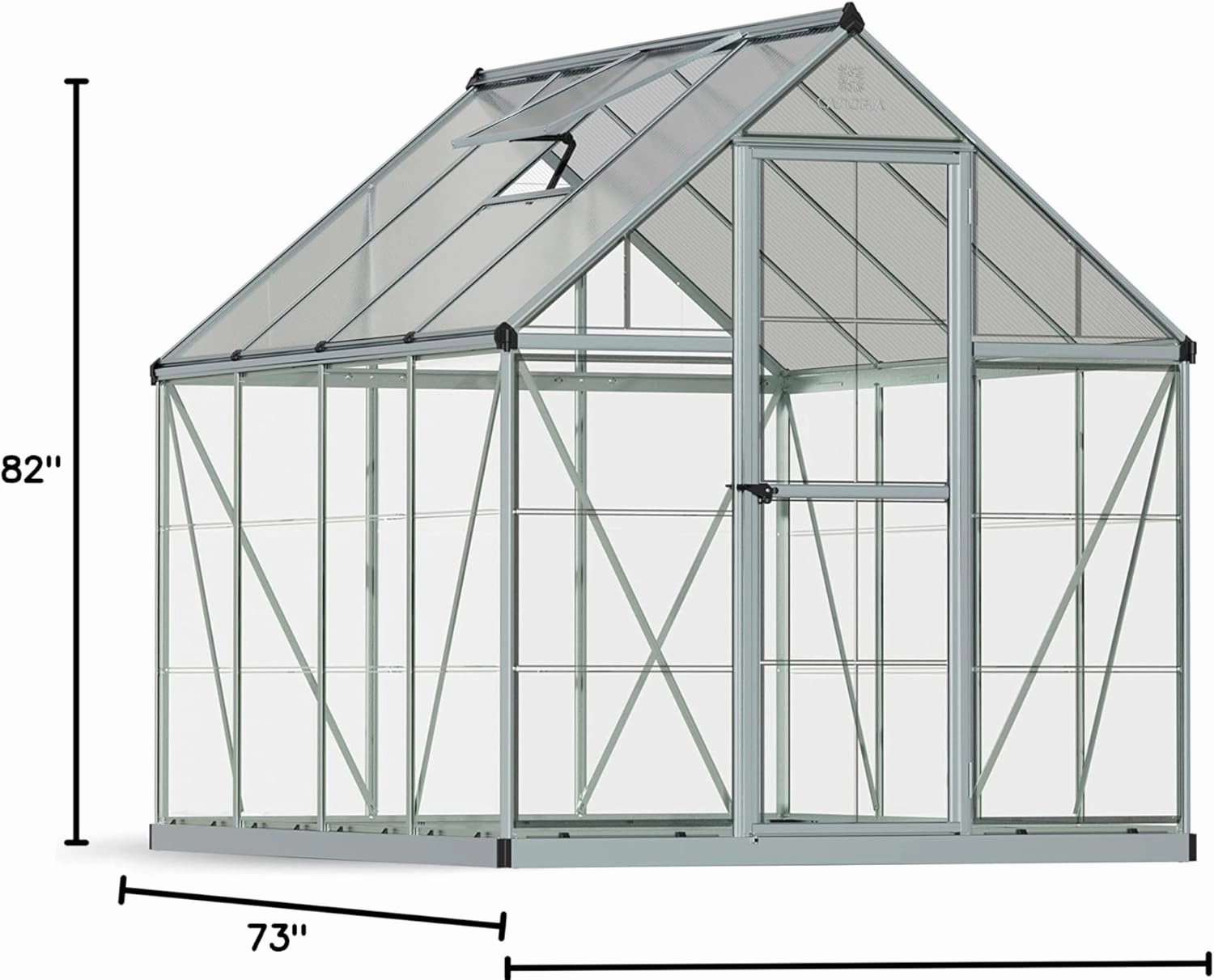 Palram - Canopia 6x8 Greenhouse for Outdoors, Walk-In, UV Polycarbonate Panels, Heavy Duty Aluminum Frame, Lockable Door, Adjustable Roof Vent, Rain Gutters, Galvanized Steel Base, Hybrid (Silver)