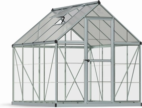 Palram - Canopia 6x8 Greenhouse for Outdoors, Walk-In, UV Polycarbonate Panels, Heavy Duty Aluminum Frame, Lockable Door, Adjustable Roof Vent, Rain Gutters, Galvanized Steel Base, Hybrid (Silver)