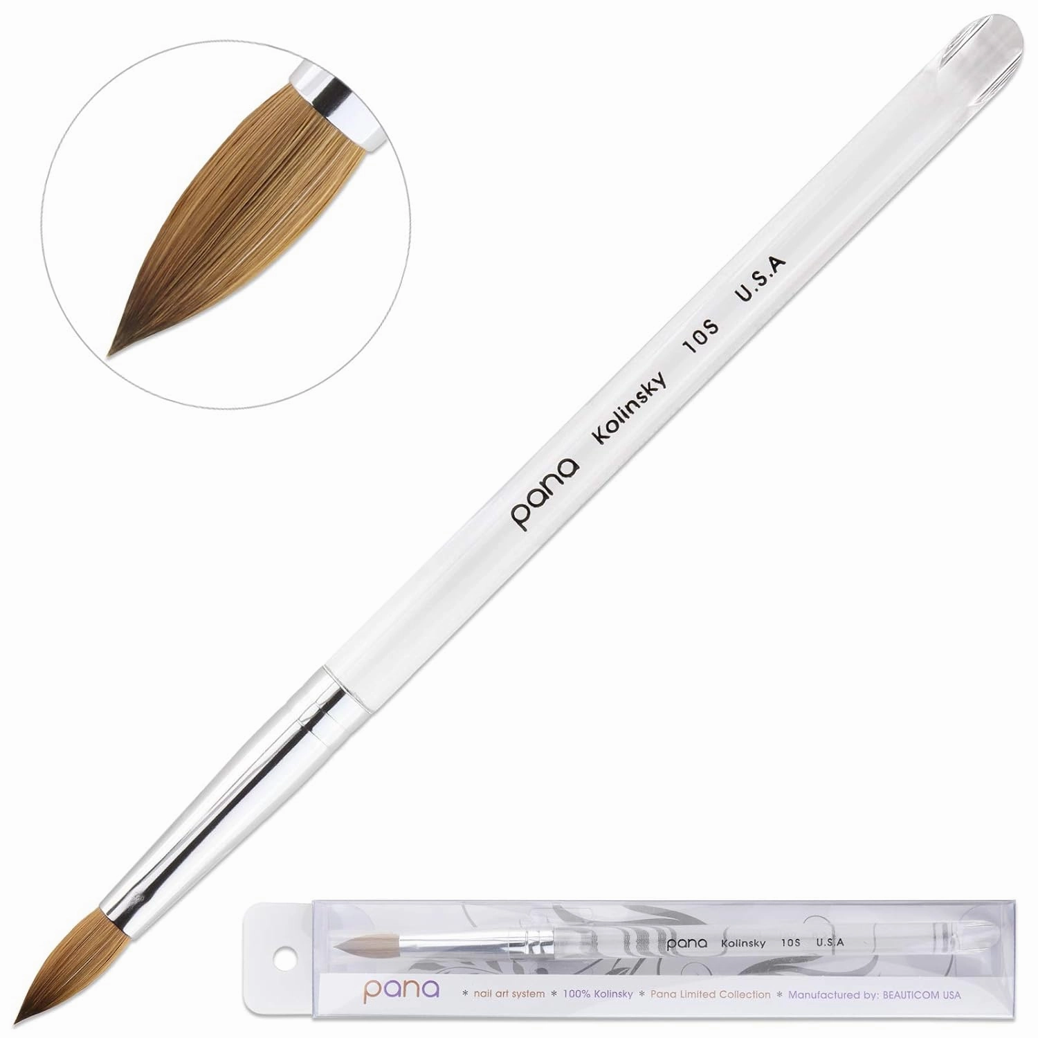 PANA Pure Kolinsky Hair Acrylic Nail Brush - Oval Crimped Clear Acrylic Handle (Size 10)