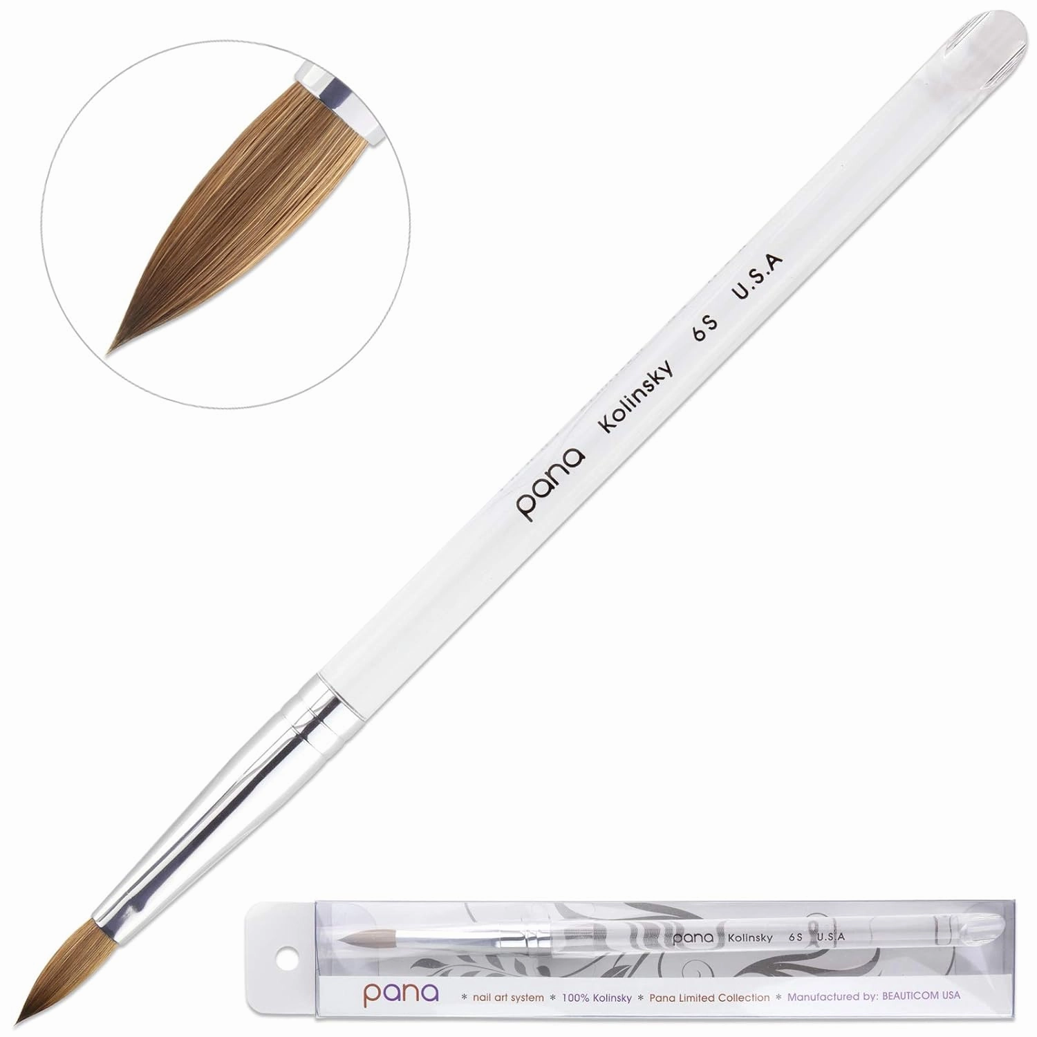PANA Pure Kolinsky Hair Acrylic Nail Brush - Oval Crimped Clear Acrylic Handle (Size 6)