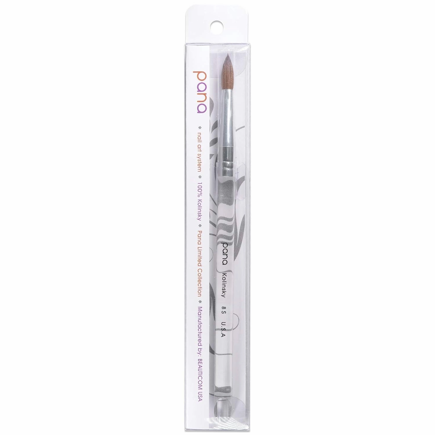 PANA Pure Kolinsky Hair Acrylic Nail Brush - Oval Crimped Clear Acrylic Handle (Size 8)