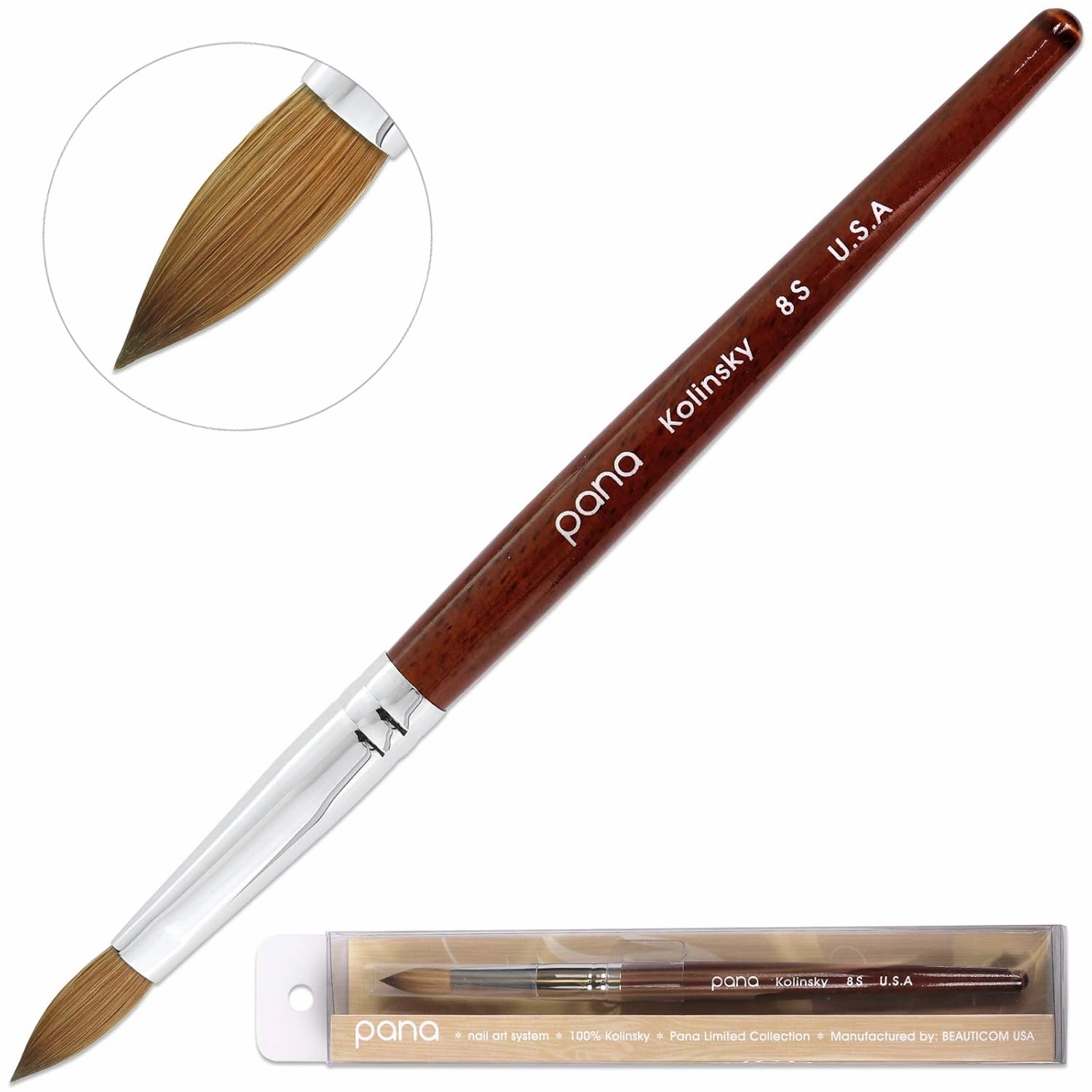 PANA Pure Kolinsky Hair Acrylic Nail Brush - Oval Crimped Shape Silver Ferrule with Mahogany Wood Handle (Size 8)