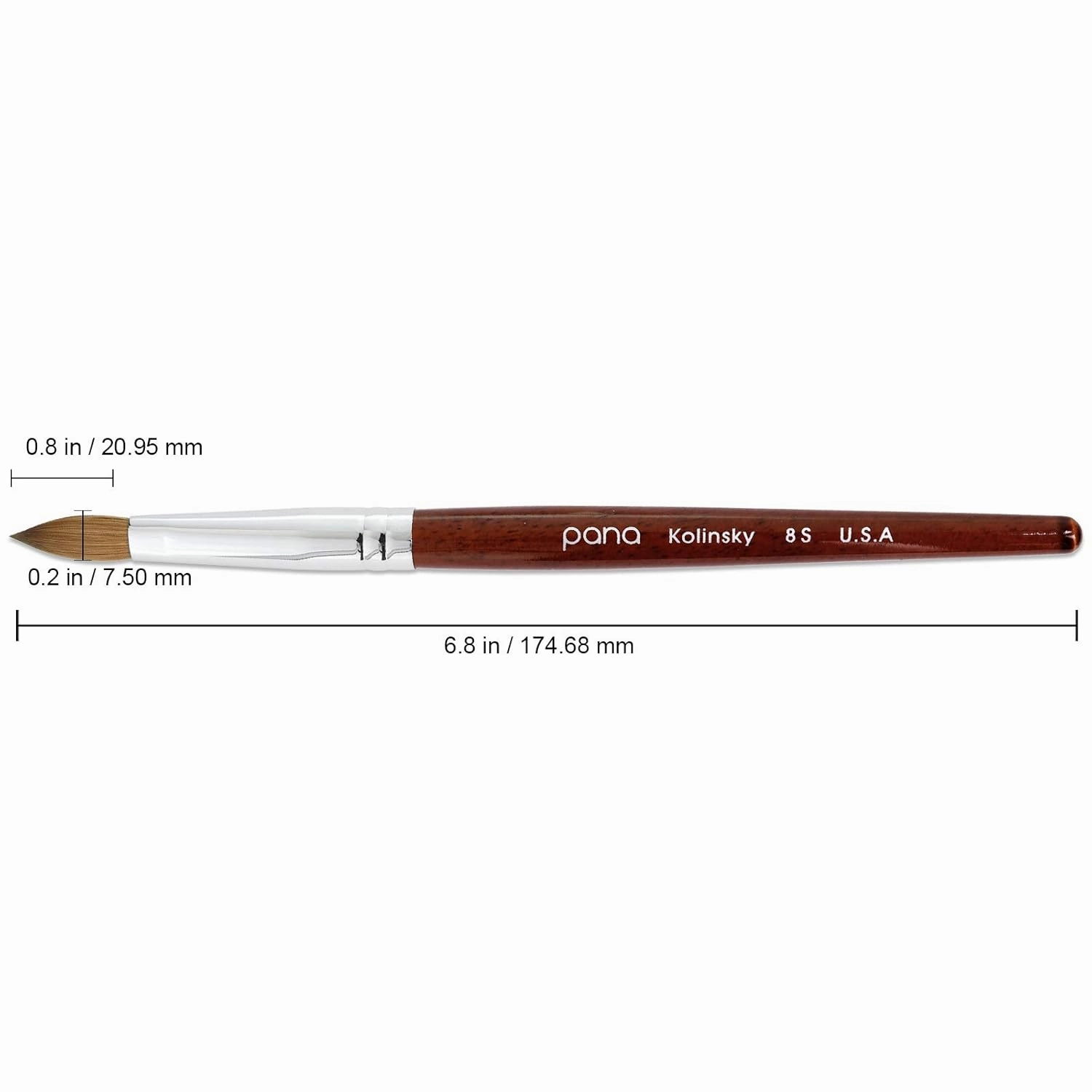 PANA Pure Kolinsky Hair Acrylic Nail Brush - Oval Crimped Shape Silver Ferrule with Mahogany Wood Handle (Size 8)