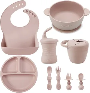 PandaEar Silicone Baby Feeding Set | 9PCS Baby Led Weaning Supplies Self Feeding Utensils | Divided Suction Plate Bowl Bibs Sippy Cup with Baby Snack Container Spoons Forks (Pink)