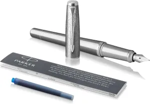 Parker Urban Fountain Pen, Premium Silvered Powder, Medium Nib with Blue Ink Refill (1931603)