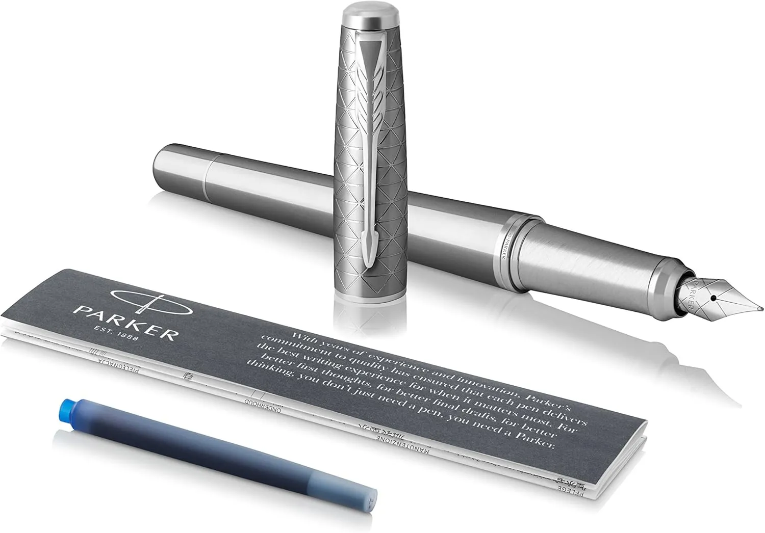 Parker Urban Fountain Pen, Premium Silvered Powder, Medium Nib with Blue Ink Refill (1931603)