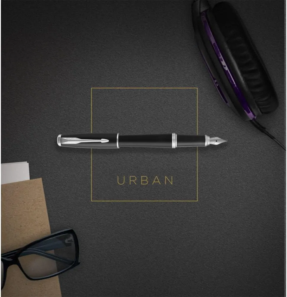 Parker Urban Fountain Pen, Premium Silvered Powder, Medium Nib with Blue Ink Refill (1931603)