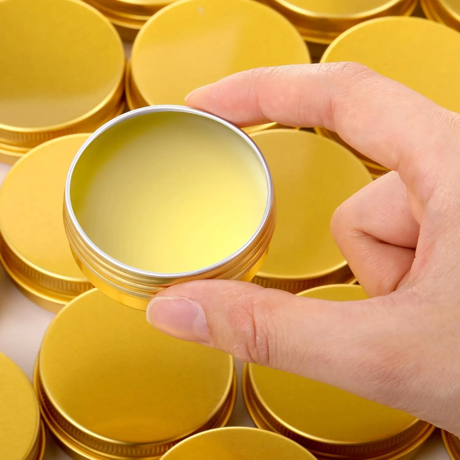 Patelai 64 Pieces Lip Balm Tin Containers Screw Top Round Tin Cans Aluminum Jar with Screw Lid, Empty Bottle Travel Cosmetic Sample Container for DIY(1 oz,Gold)