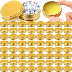 Patelai 64 Pieces Lip Balm Tin Containers Screw Top Round Tin Cans Aluminum Jar with Screw Lid, Empty Bottle Travel Cosmetic Sample Container for DIY(1 oz,Gold)