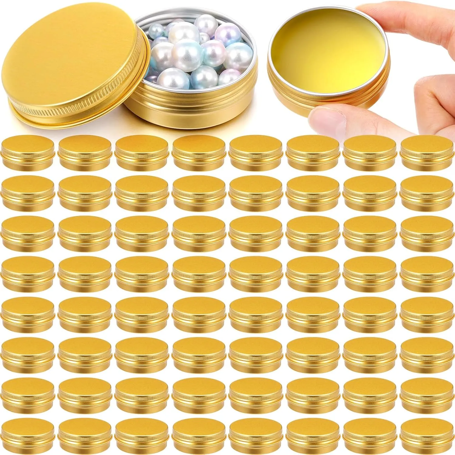 Patelai 64 Pieces Lip Balm Tin Containers Screw Top Round Tin Cans Aluminum Jar with Screw Lid, Empty Bottle Travel Cosmetic Sample Container for DIY(1 oz,Gold)
