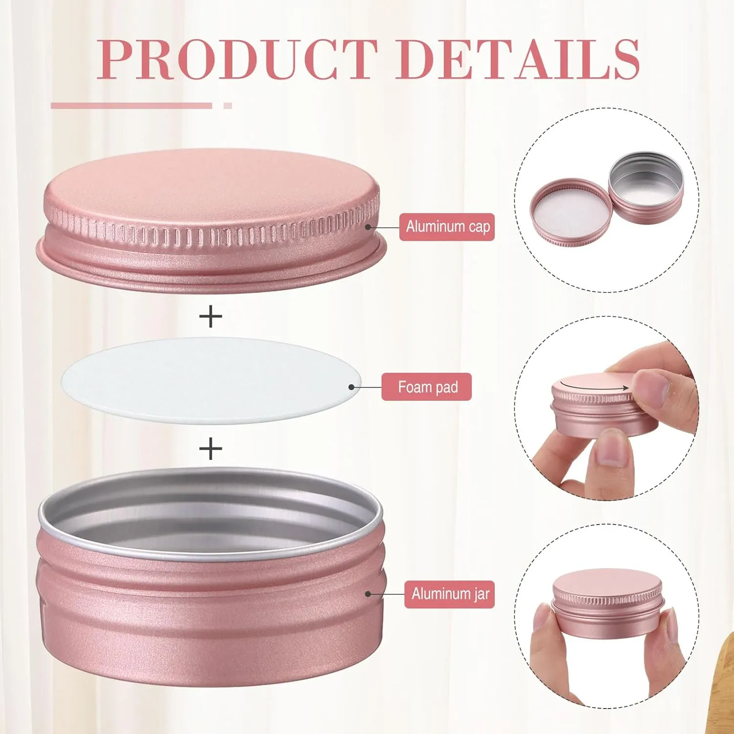 Patelai 64 Pieces Lip Balm Tin Containers Screw Top Round Tin Cans Aluminum Jar with Screw Lid, Empty Bottle Travel Cosmetic Sample Container for DIY(1 oz,Rose Gold)