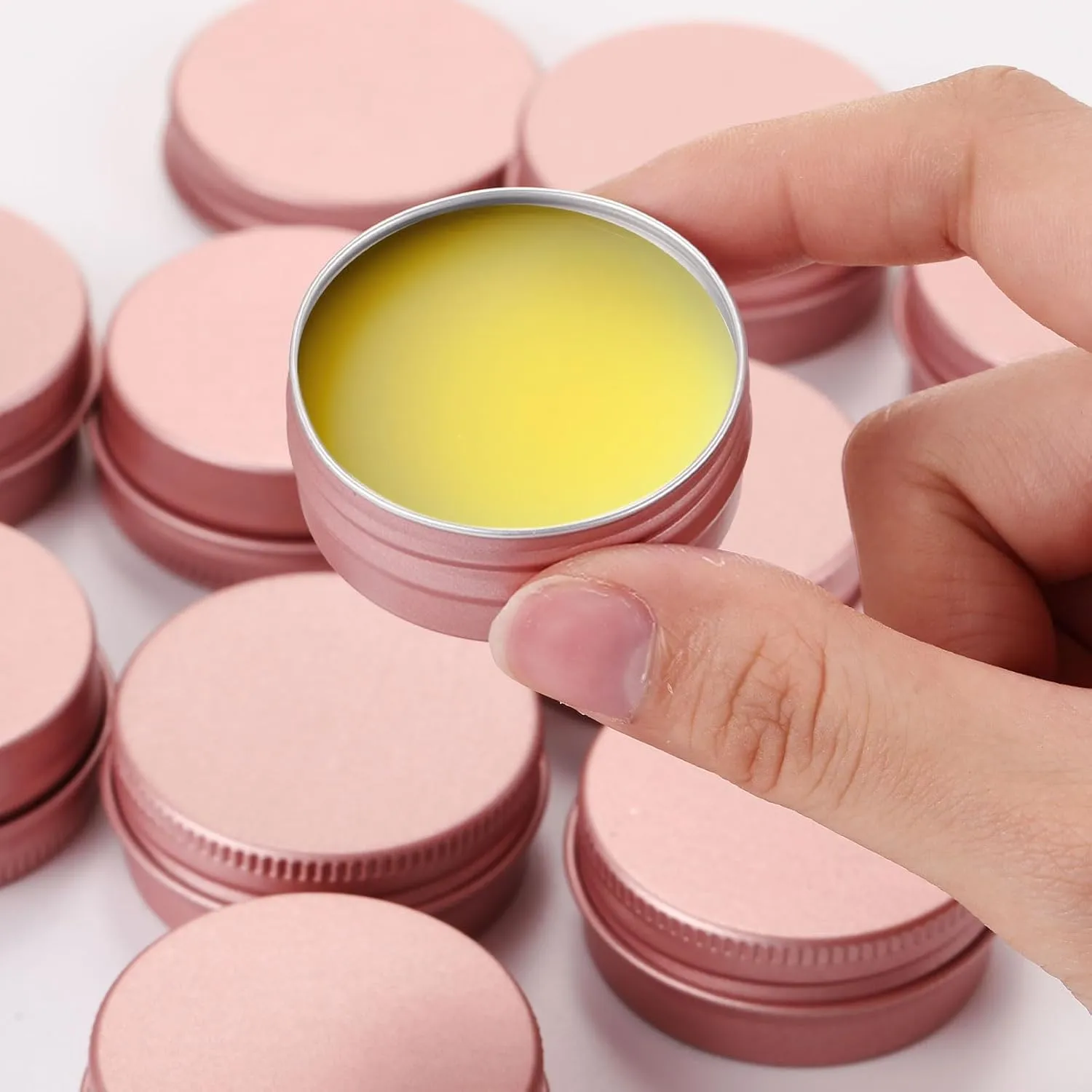 Patelai 64 Pieces Lip Balm Tin Containers Screw Top Round Tin Cans Aluminum Jar with Screw Lid, Empty Bottle Travel Cosmetic Sample Container for DIY(1 oz,Rose Gold)