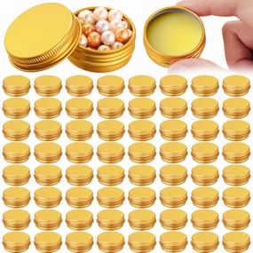 Patelai 64 Pieces Lip Balm Tin Containers Screw Top Round Tin Cans Aluminum Jar with Screw Lid, Empty Bottle Travel Cosmetic Sample Container for DIY(0.5 oz,Gold)