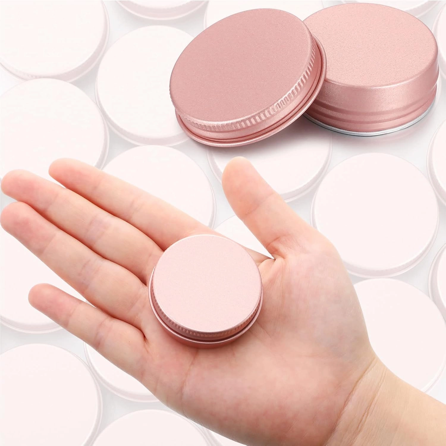 Patelai 64 Pieces Lip Balm Tin Containers Screw Top Round Tin Cans Aluminum Jar with Screw Lid, Empty Bottle Travel Cosmetic Sample Container for DIY(0.5 oz,Rose Gold)