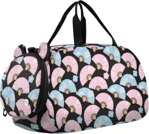 Peach Blue Japanese Cherry Blossom Folding Fan Duffel Gym Bags with Shoes Compartment Multifunctional Weekender Overnight Range Bag for Travel, Sports, Fitness & Workout bolsos de