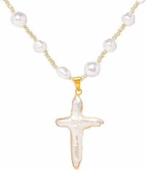Pearl Cross Necklace for Women Nature Baroque Freshwater Real Pearl Chunky Gold Plated Big Pearl Pendant Necklace Choker Faith Christian Religious Gifts for Women Men Trendy Jewelry