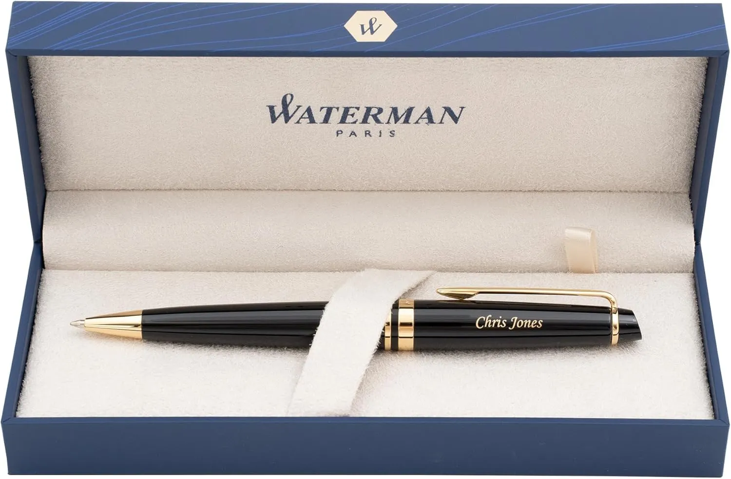 Personalized Waterman Expert Ballpoint Pen in Black Lacquer with Gold Trim. Engraved Luxury Business Gift for Executives, Board Members, or Trustees.