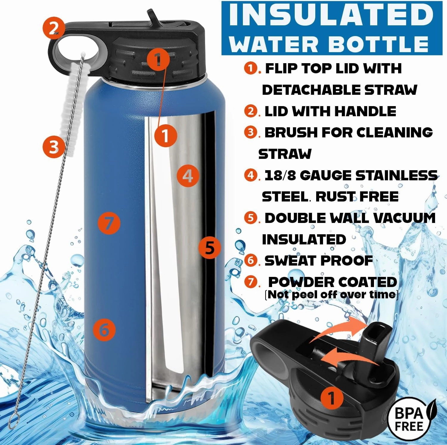 Personalized Water Bottles 32oz with Flip-Top Lid and Straw, Customized Vacuum Insulated Flask,Stainless Steel Sports Double Wall Thermos, Your Logo Name and Text Engraved in USA (Blue)