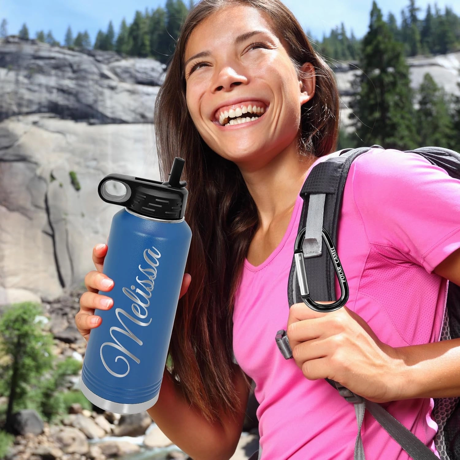 Personalized Water Bottles 32oz with Flip-Top Lid and Straw, Customized Vacuum Insulated Flask,Stainless Steel Sports Double Wall Thermos, Your Logo Name and Text Engraved in USA (Blue)