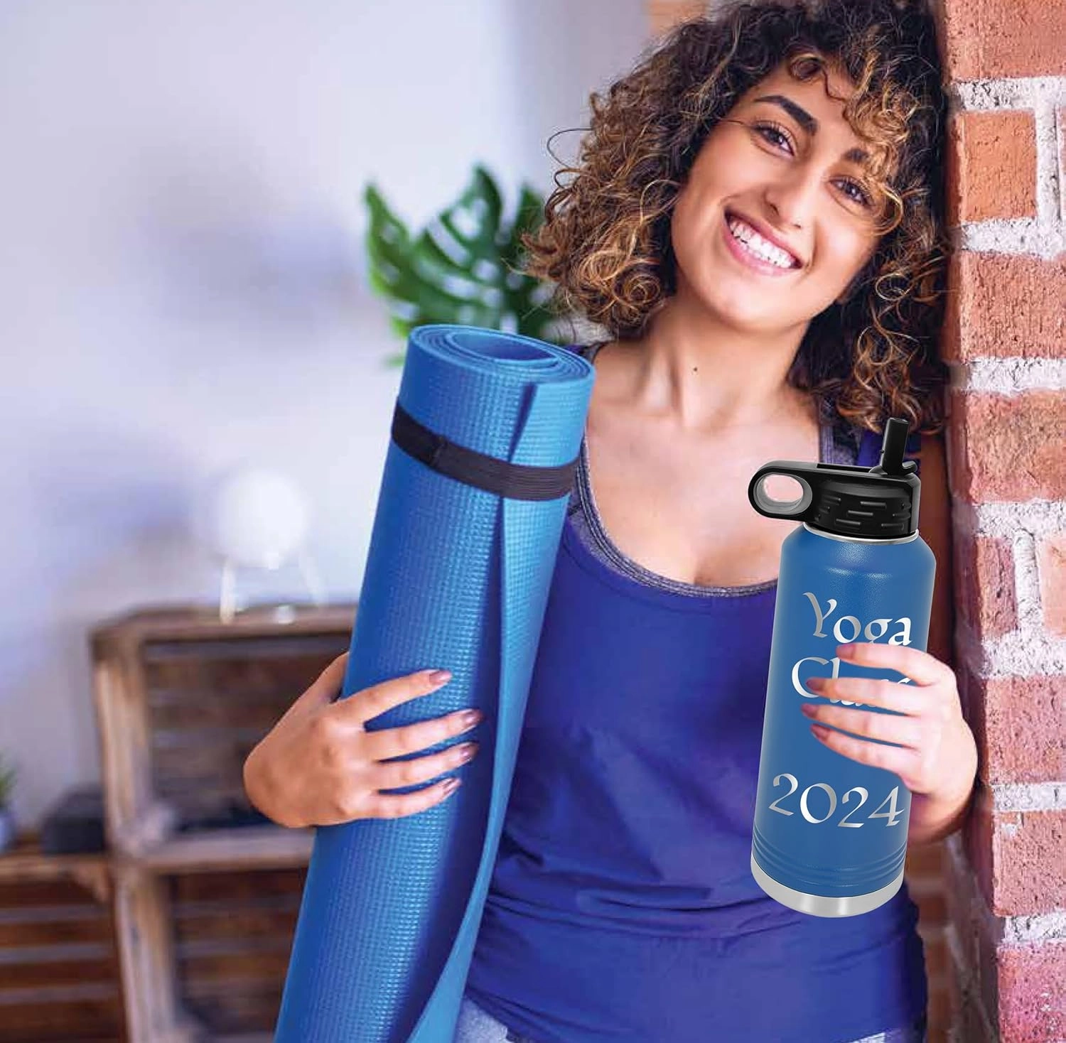Personalized Water Bottles 32oz with Flip-Top Lid and Straw, Customized Vacuum Insulated Flask,Stainless Steel Sports Double Wall Thermos, Your Logo Name and Text Engraved in USA (Blue)