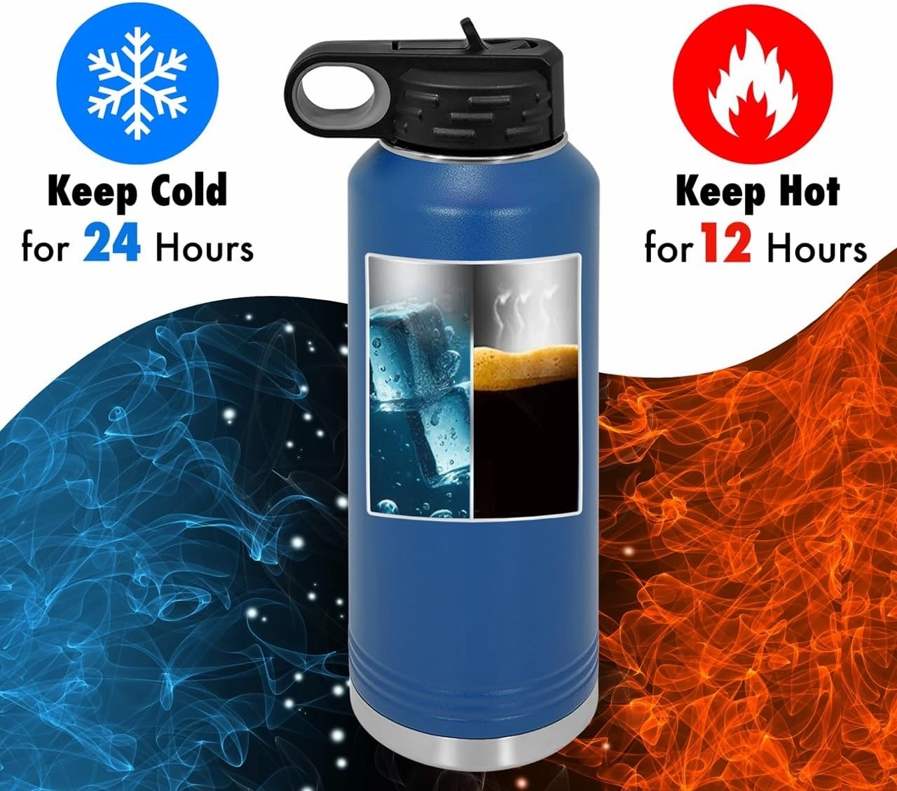 Personalized Water Bottles 32oz with Flip-Top Lid and Straw, Customized Vacuum Insulated Flask,Stainless Steel Sports Double Wall Thermos, Your Logo Name and Text Engraved in USA (Blue)