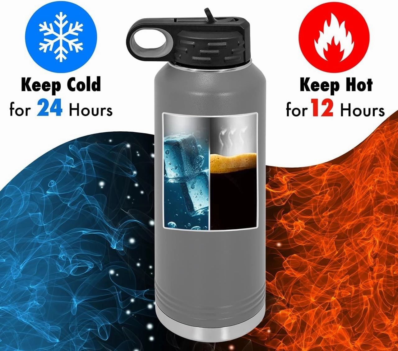 Personalized Water Bottles 32oz with Flip-Top Lid and Straw, Customized Vacuum Insulated Flask, Stainless Steel Sports Double Wall Thermos, Your Logo Name and Text Engraved in USA (Dark Gray)