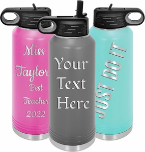 Personalized Water Bottles 32oz with Flip-Top Lid and Straw, Customized Vacuum Insulated Flask, Stainless Steel Sports Double Wall Thermos, Your Logo Name and Text Engraved in USA (Dark Gray)
