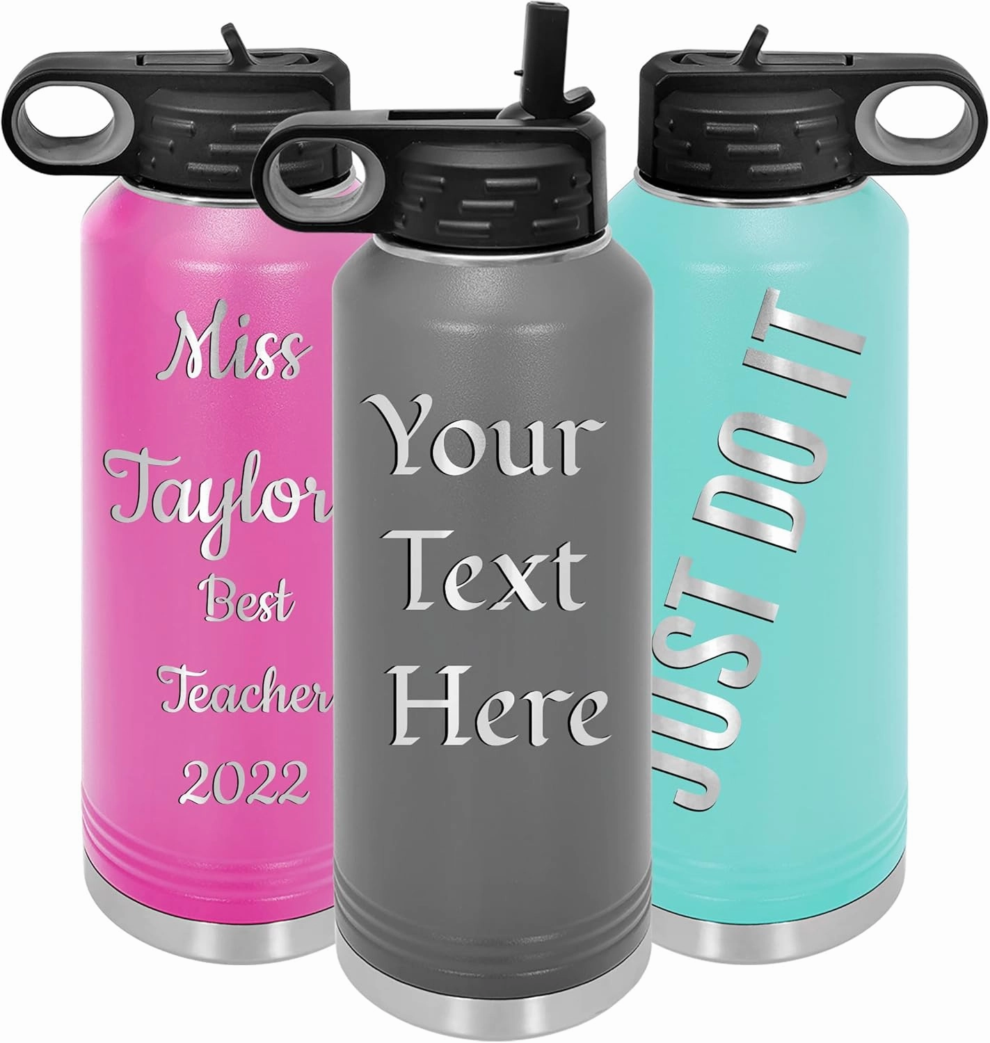Personalized Water Bottles 32oz with Flip-Top Lid and Straw, Customized Vacuum Insulated Flask, Stainless Steel Sports Double Wall Thermos, Your Logo Name and Text Engraved in USA (Dark Gray)