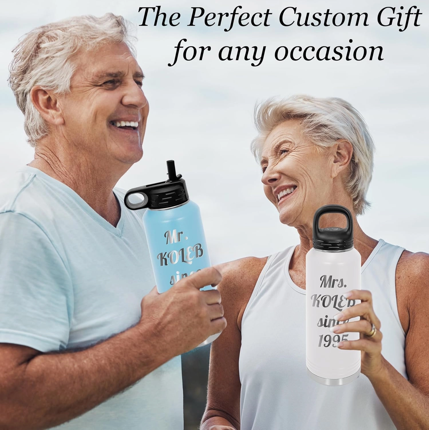 Personalized Water Bottles 32oz with Flip-Top Lid and Straw, Customized Vacuum Insulated Flask,Stainless Steel Sports Double Wall Thermos, Your Logo Name and Text Engraved in USA (Light Blue)