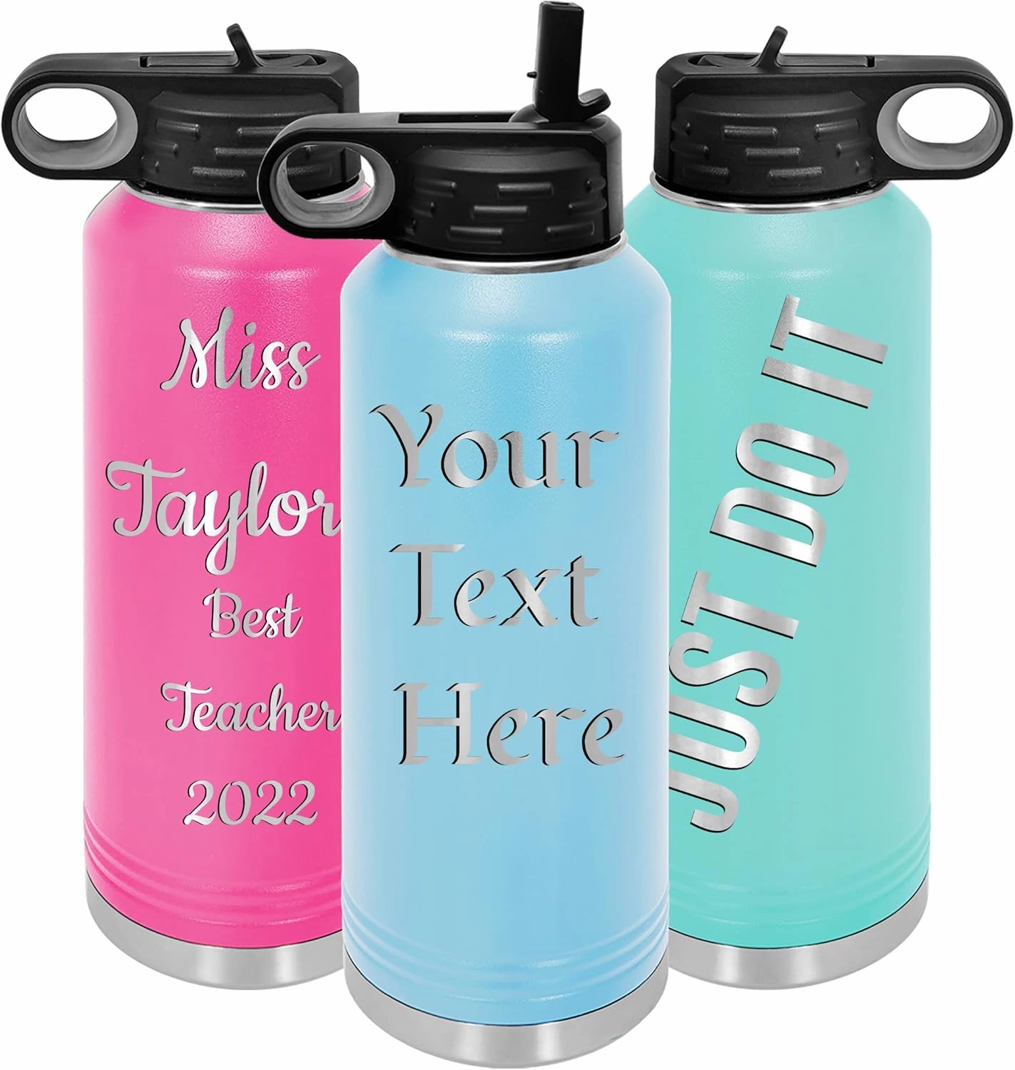 Personalized Water Bottles 32oz with Flip-Top Lid and Straw, Customized Vacuum Insulated Flask,Stainless Steel Sports Double Wall Thermos, Your Logo Name and Text Engraved in USA (Light Blue)