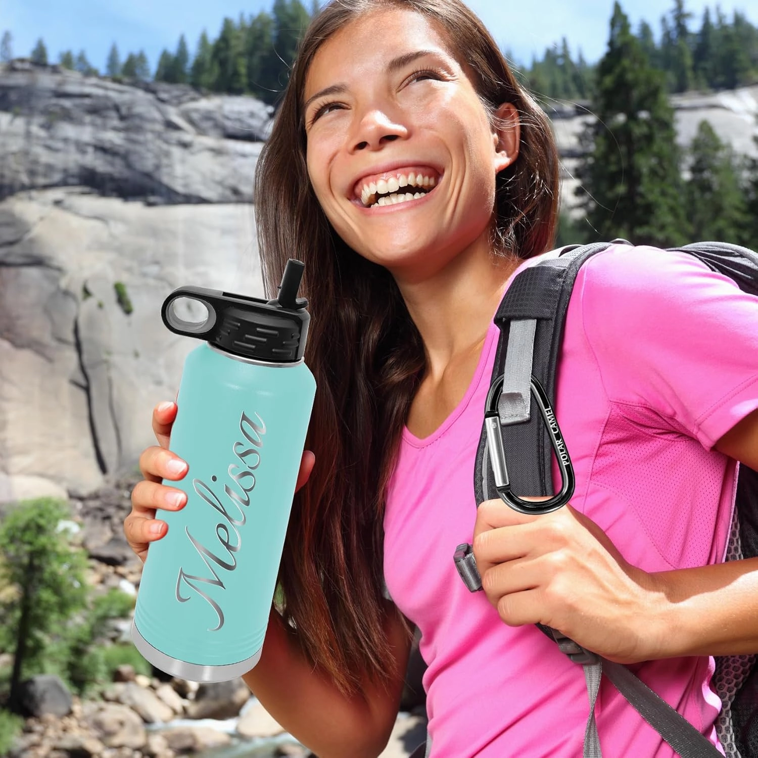 Personalized Water Bottles 32oz with Flip-Top Lid and Straw, Customized Vacuum Insulated Flask,Stainless Steel Sports Double Wall Thermos, Your Logo Name and Text Engraved in USA (Teal)