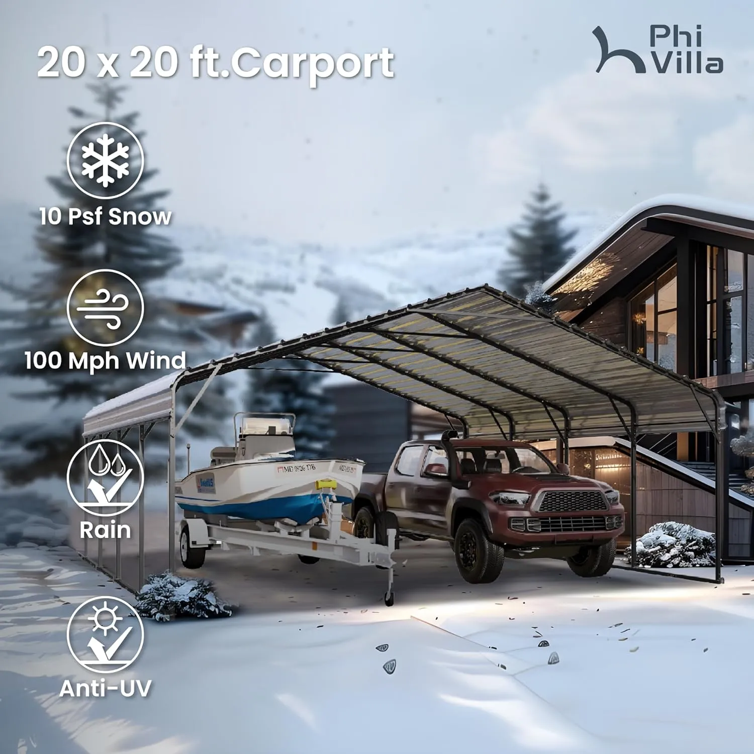 PHI VILLA 2 car Metal Carports 20 x 20 ft Carport with Galvanized Steel Roof, Sturdy Heavy Duty Metal Carport for Cars, Boats, and Tractors