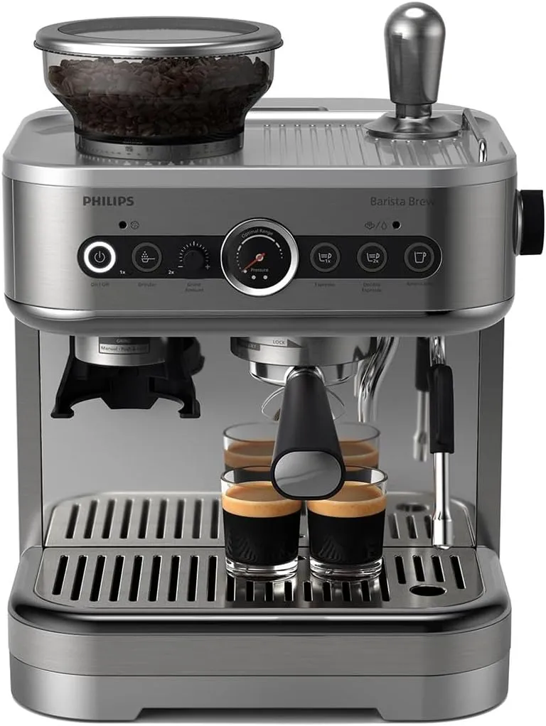 PHILIPS Barista Brew Semi Automatic Espresso Machine - Single & Double Espresso,Americano, 250g Bean Container Grinder Milk Jug with temperature indicator,Calibrated Tamping,Metal Silver (PSA3218/01)